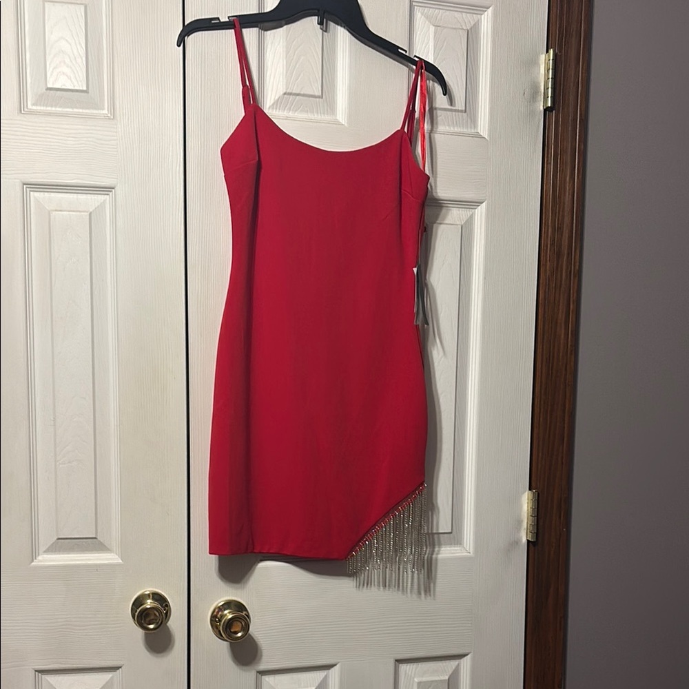 Red Asymmetrical Dress with Fringe